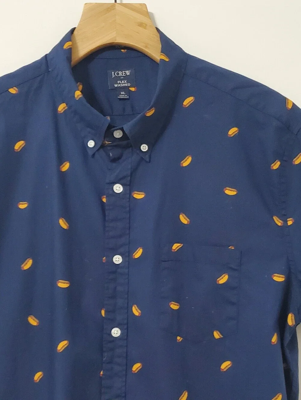 J. Crew Flex Short Sleeve Button Down Slim Fit Shirt Navy Hot Dog Print Mens XL